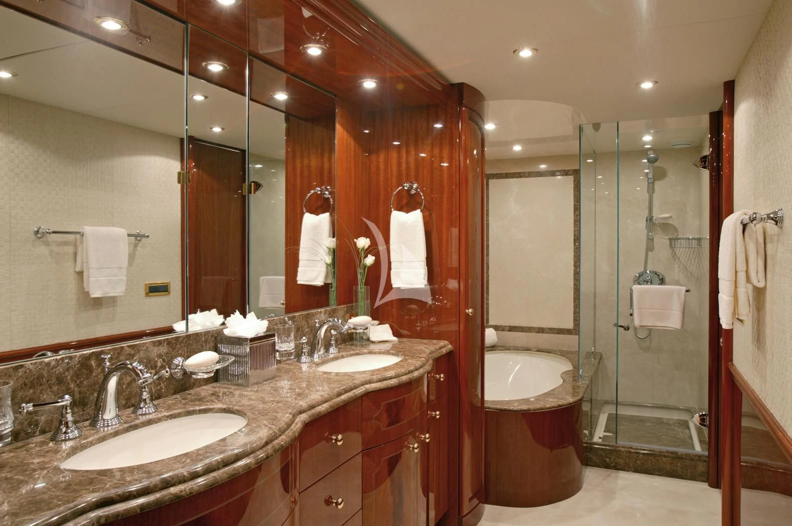 a bathroom with a large mirror aboard LE REVE Yacht for Sale