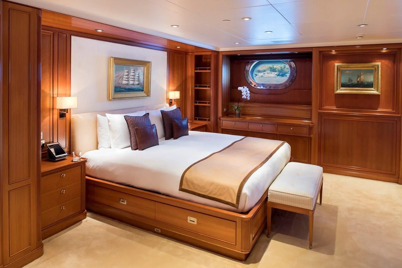 a bed in a room aboard ZENJI Yacht for Sale