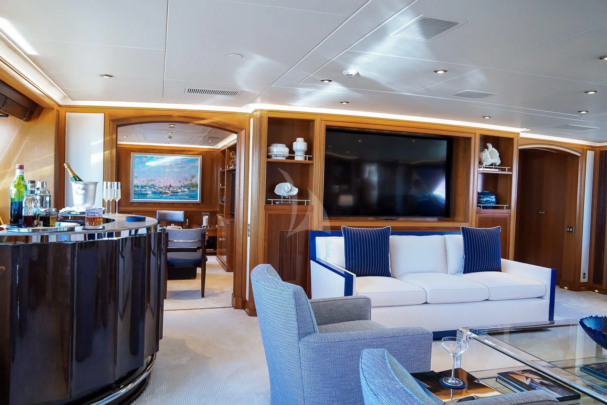 a living room with a couch and a tv aboard ZENJI Yacht for Sale