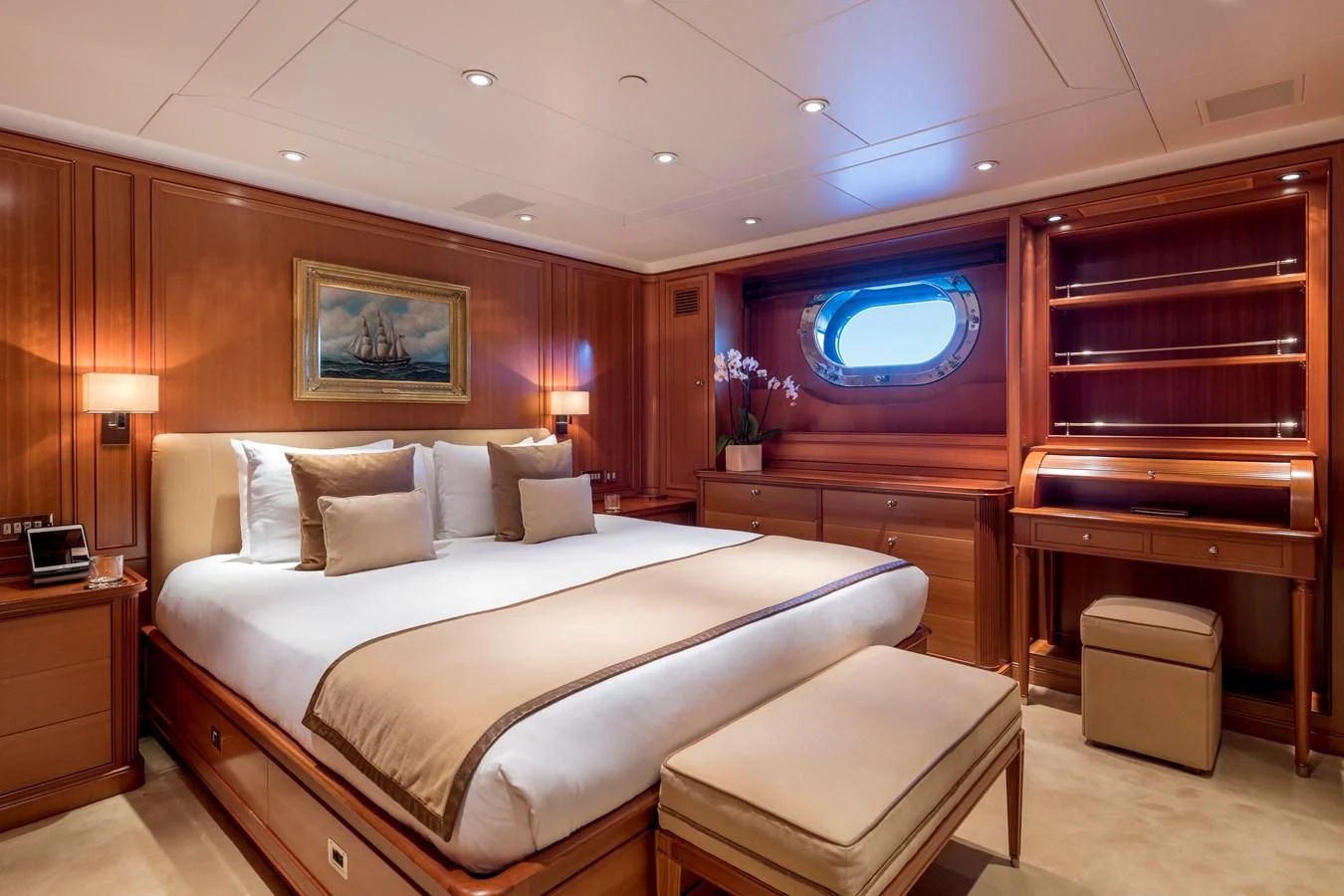 a bed in a room aboard ZENJI Yacht for Sale