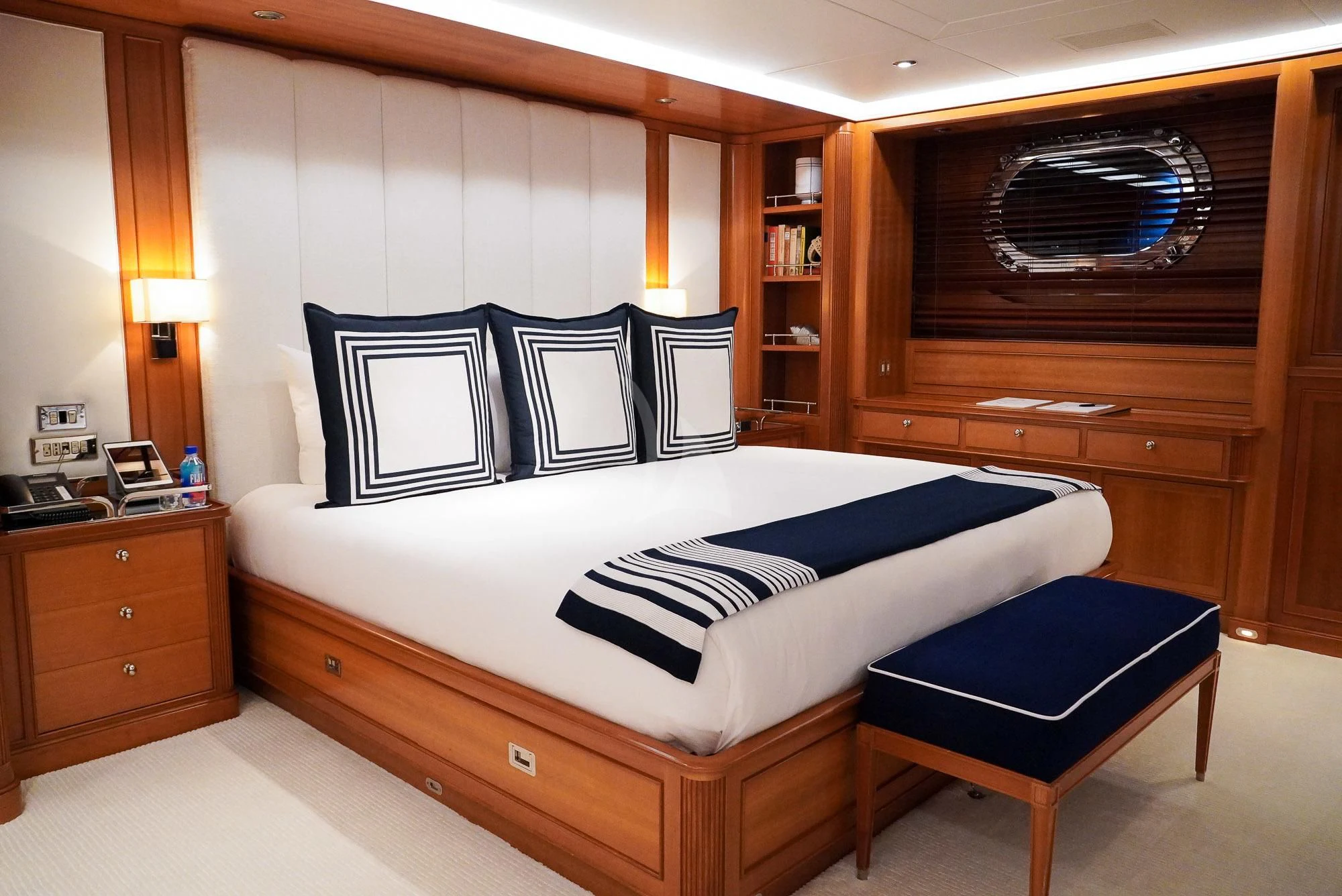 a bed in a room aboard ZENJI Yacht for Sale