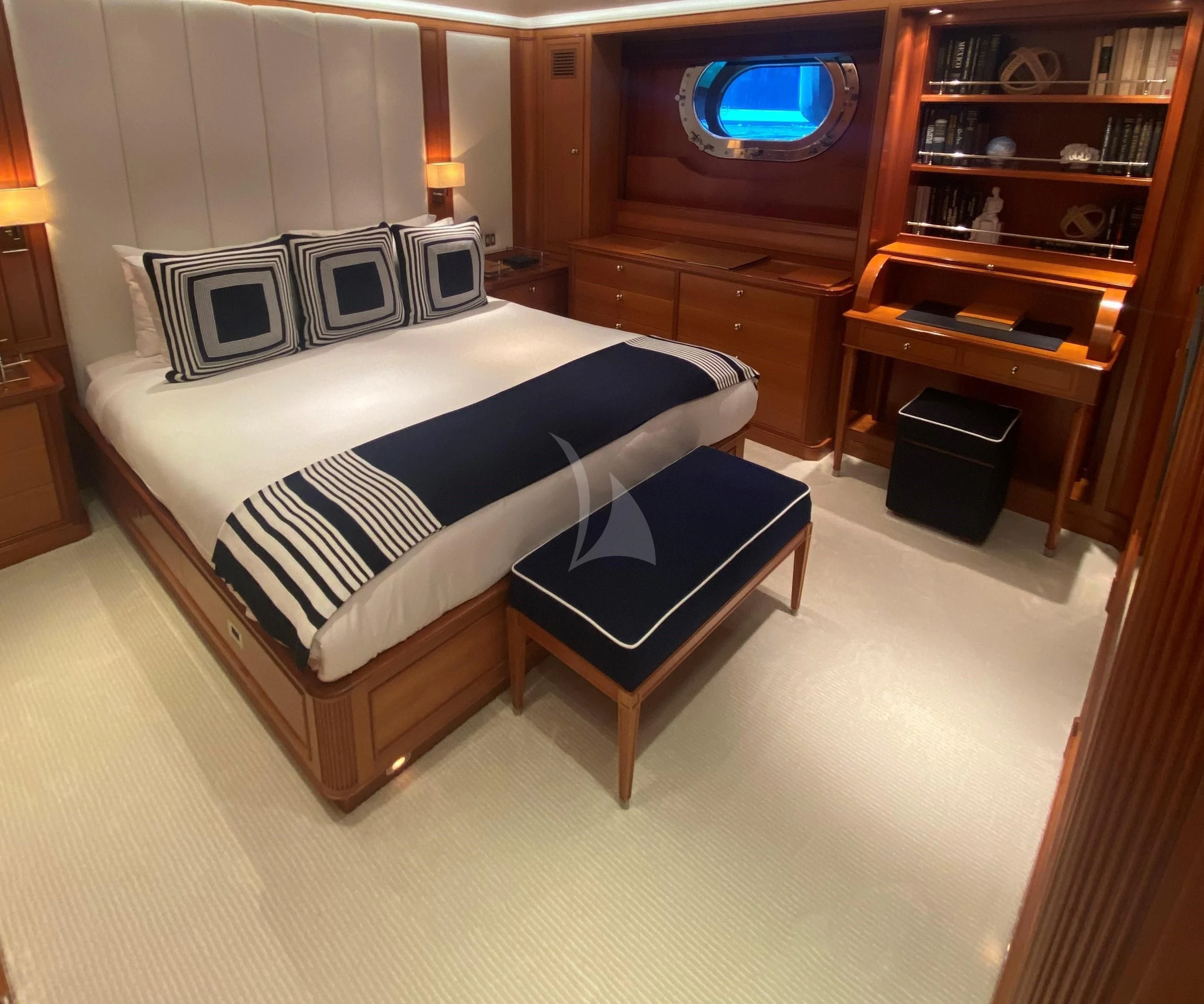 a bed in a room aboard ZENJI Yacht for Sale