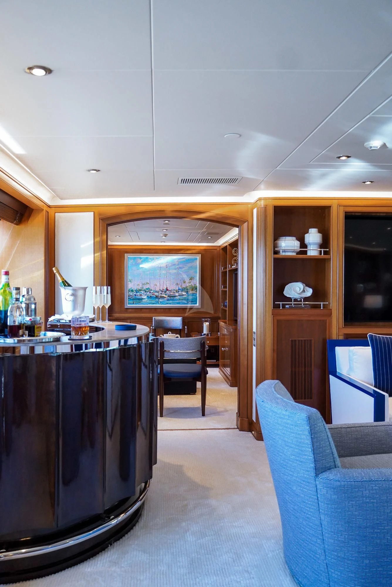 a room with a table chairs and a tv aboard ZENJI Yacht for Sale