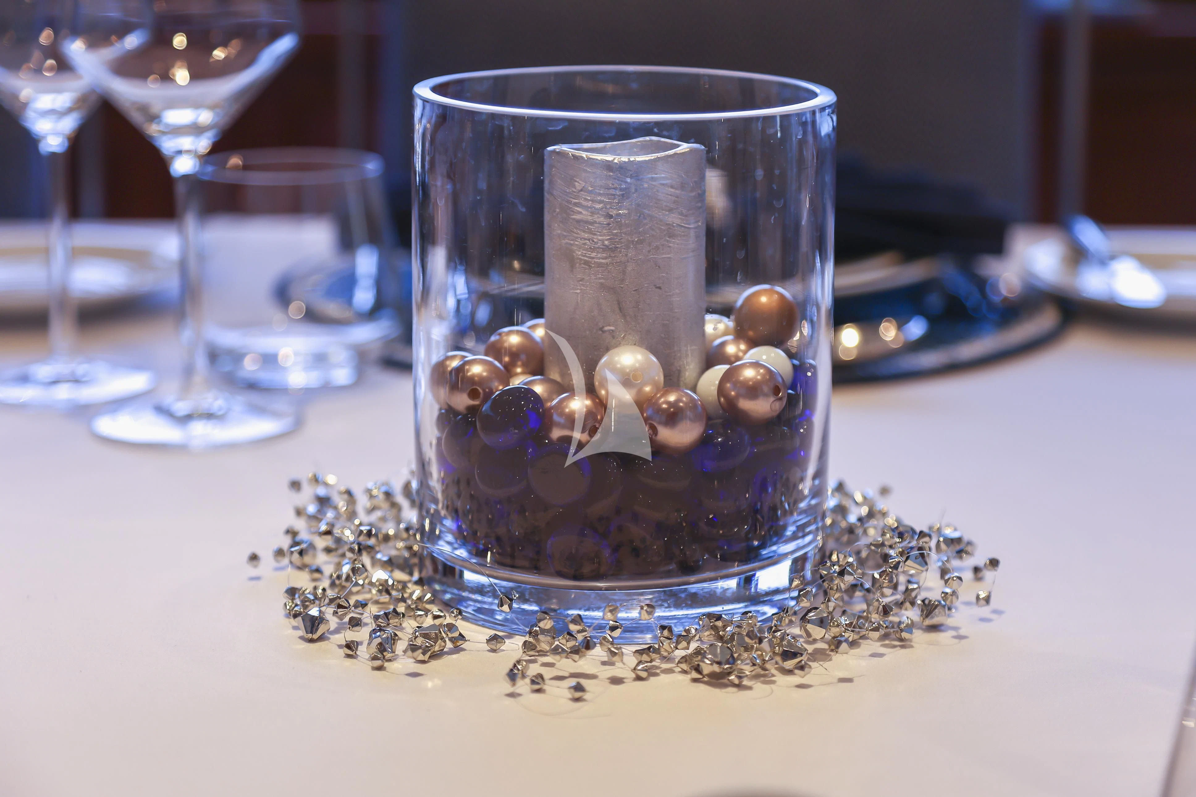 a glass vase with gold balls aboard ZENJI Yacht for Sale