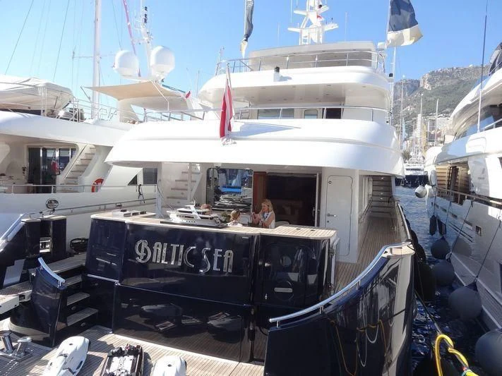 a large white boat with a black object on the front aboard BALTIC SEA Yacht for Sale