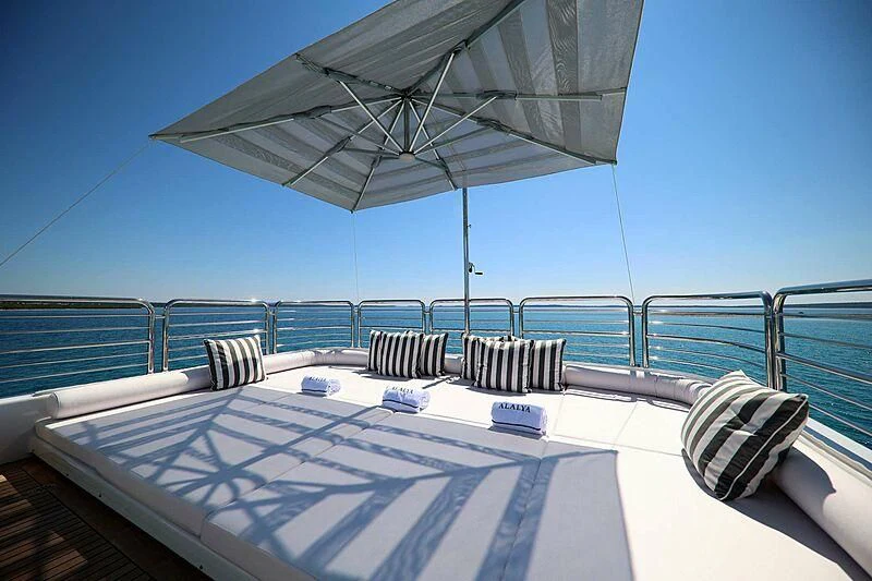 a large white table with chairs and an umbrella on it aboard ALALYA Yacht for Sale