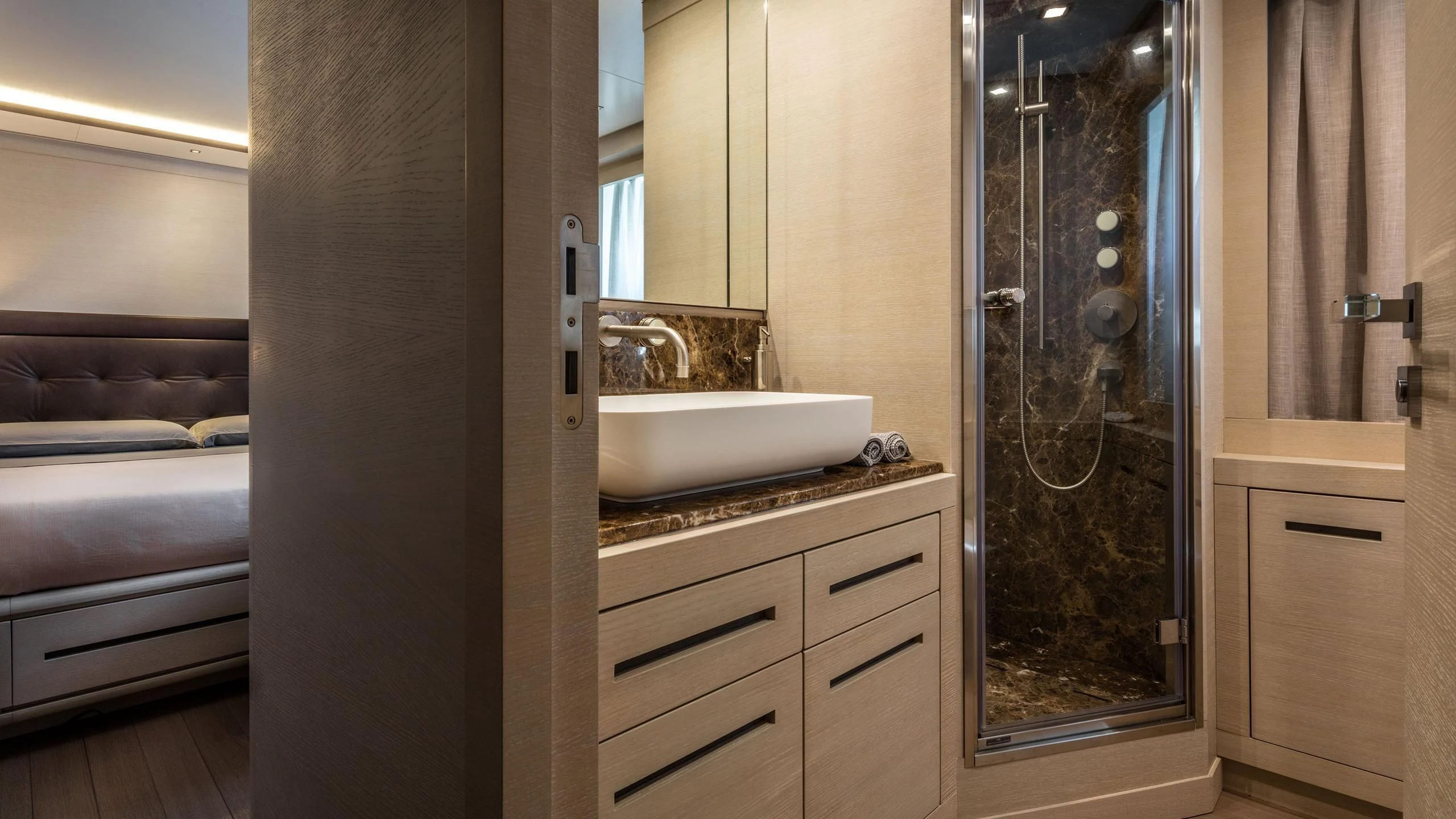 a bathroom with a sink and a shower aboard ALALYA Yacht for Sale