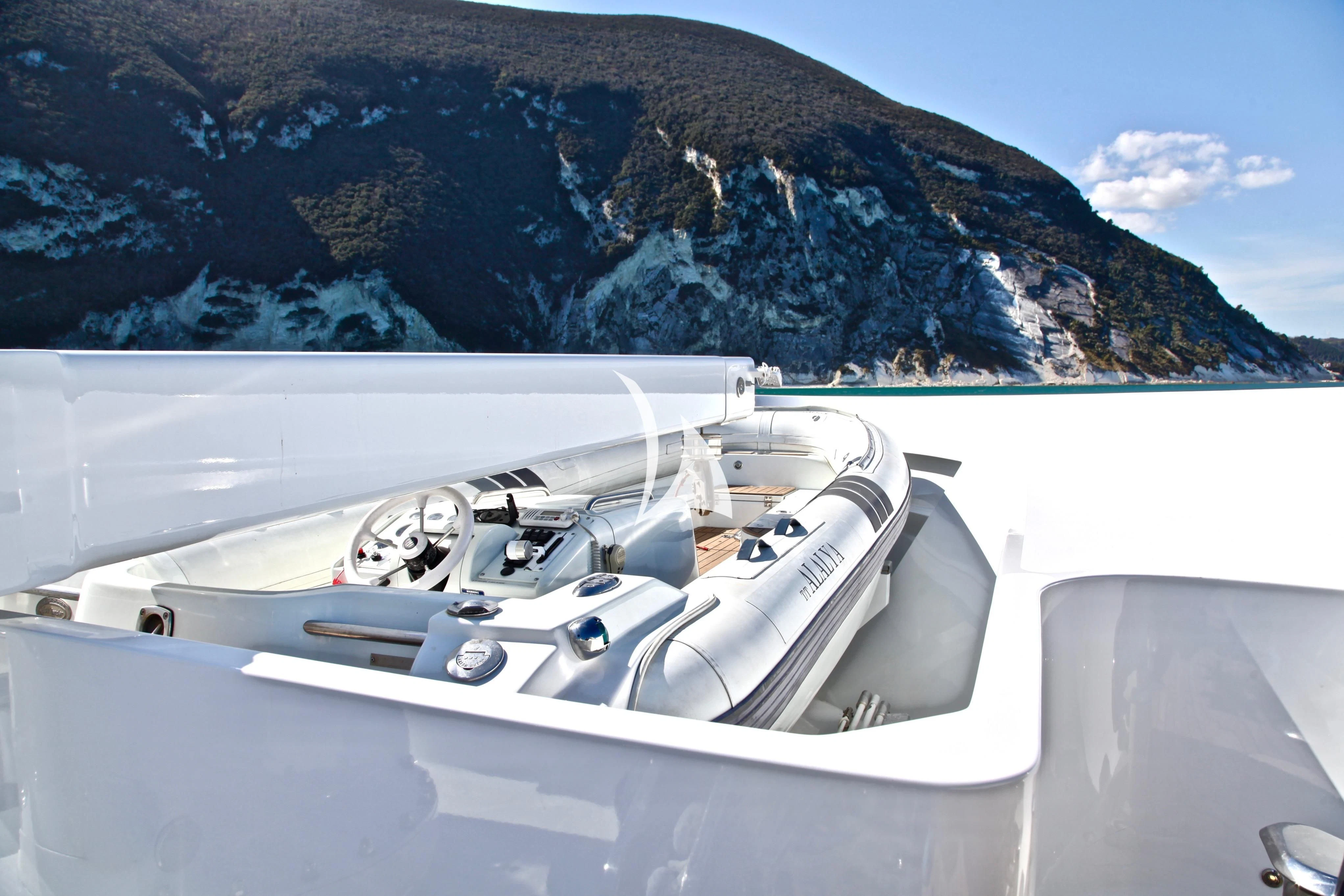 a white car on a snowy road aboard ALALYA Yacht for Sale