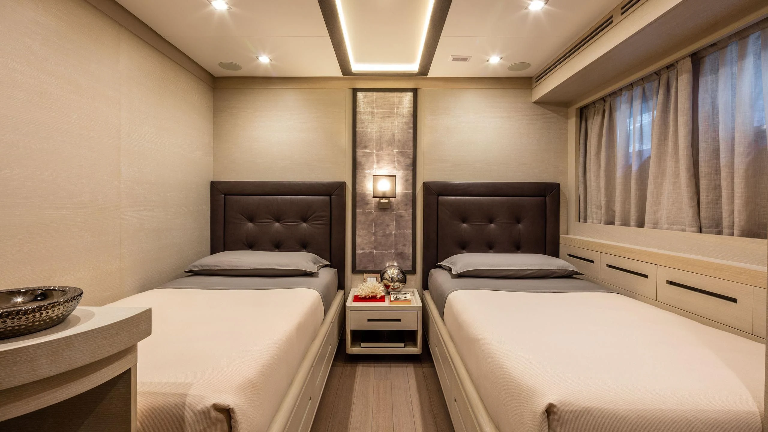 a room with two beds aboard ALALYA Yacht for Sale