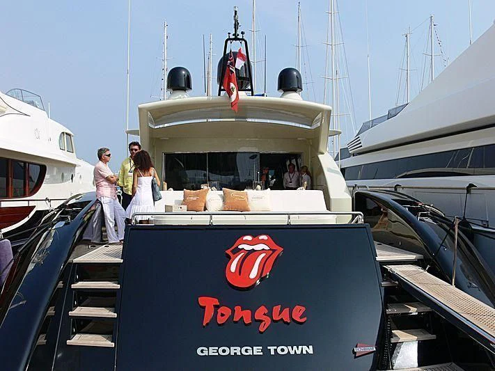 a boat with a sign on the front aboard KAYANNI Yacht for Sale