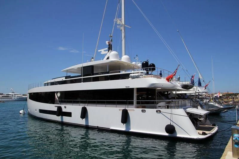 a white boat in the water aboard KAMINO Yacht for Sale