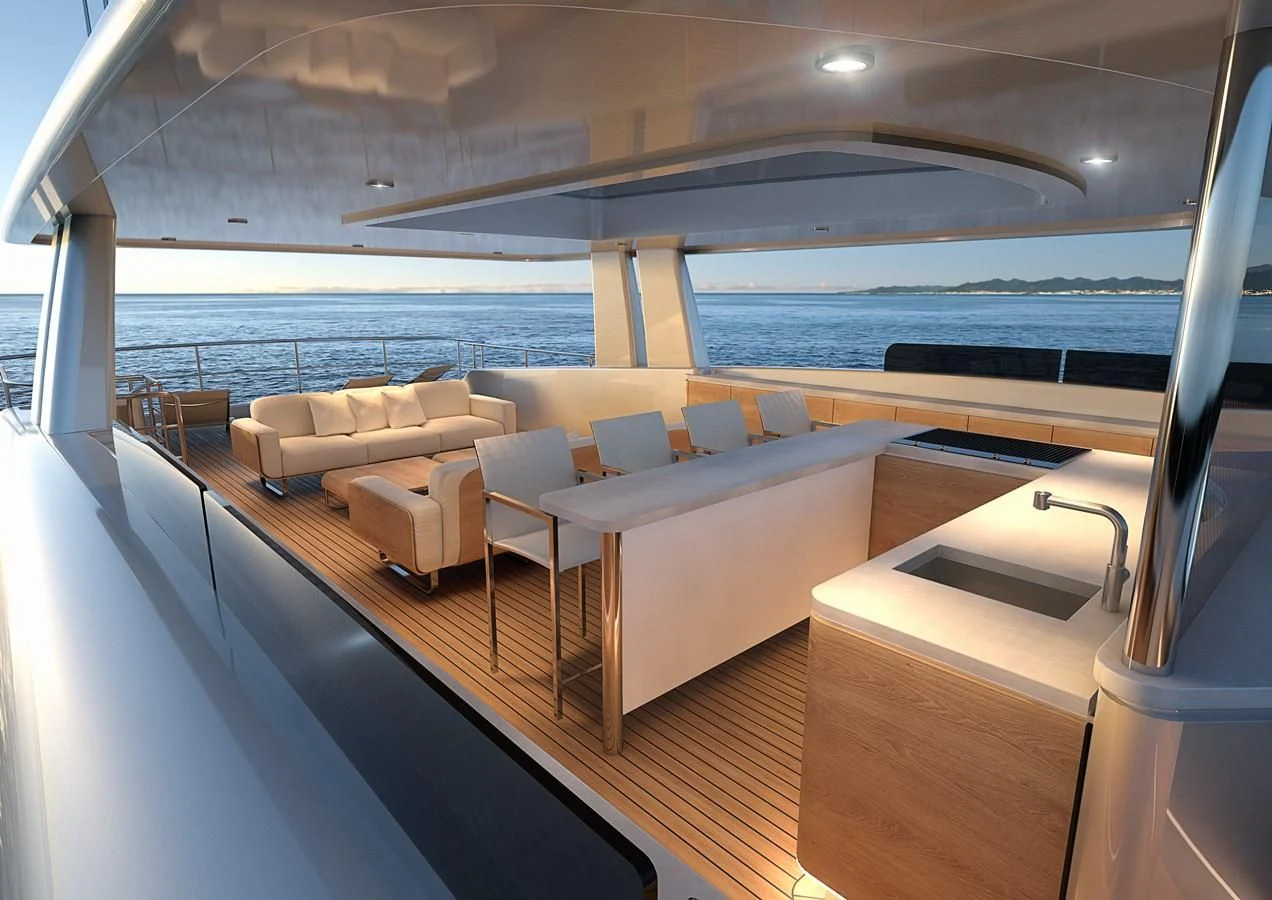 a room with a view of the ocean and a large window aboard BURGER 122 TRI-DECK Yacht for Sale