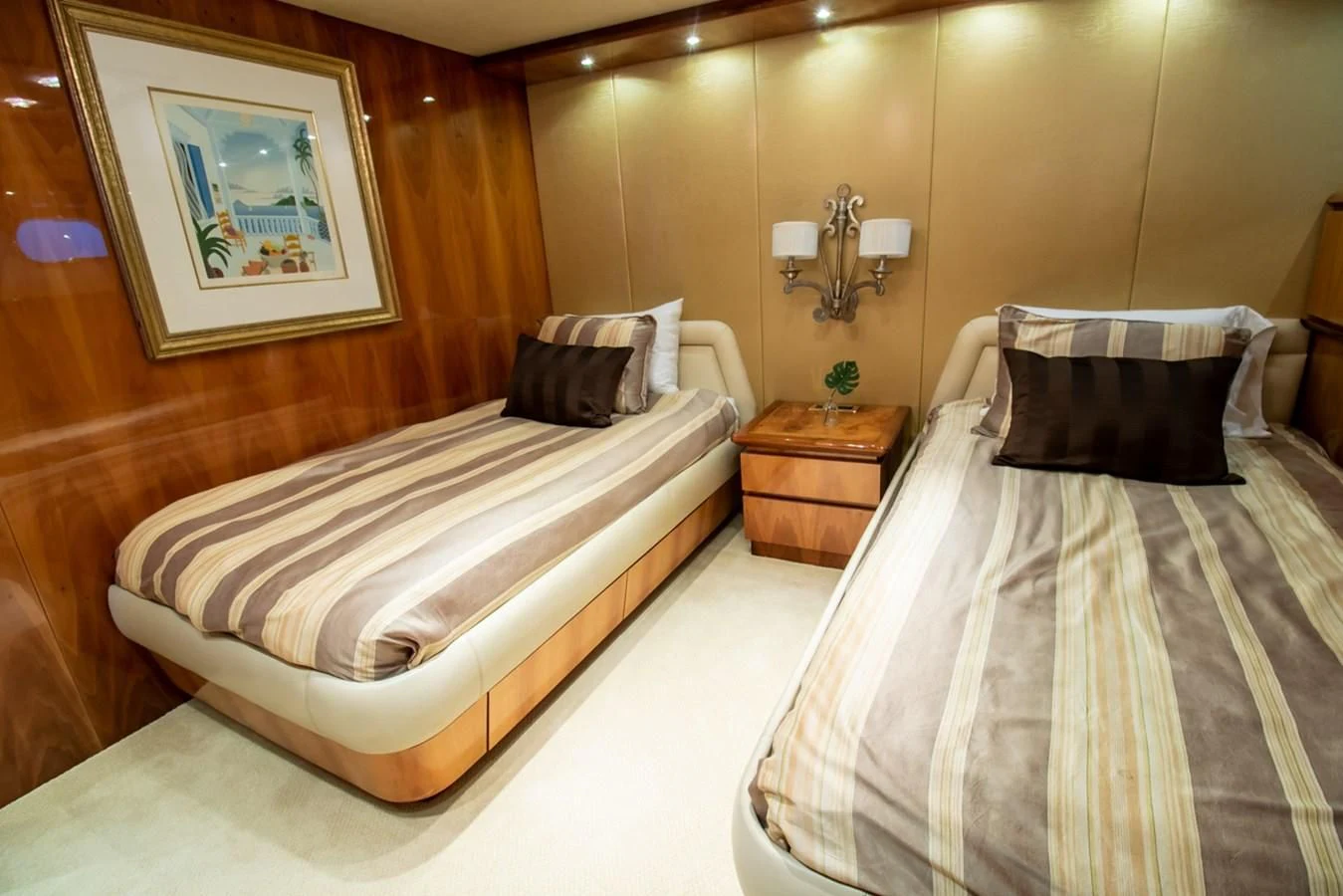 a couple of beds in a hotel room aboard SHALIMAR Yacht for Sale
