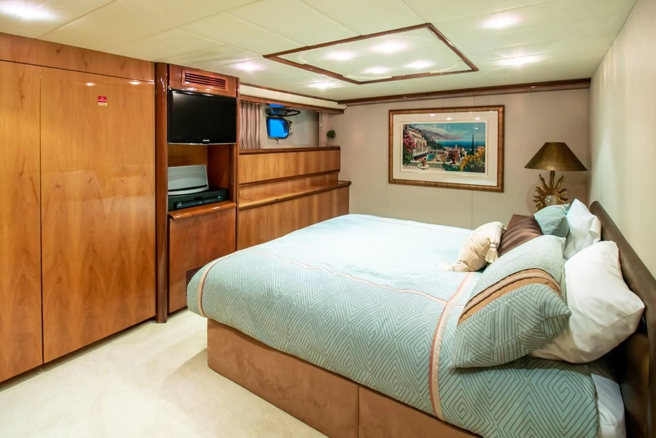 a bed in a room aboard SHALIMAR Yacht for Sale