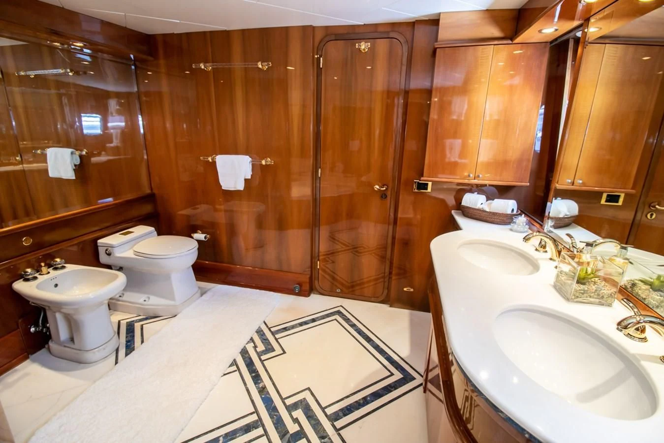 a bathroom with a standup shower aboard SHALIMAR Yacht for Sale