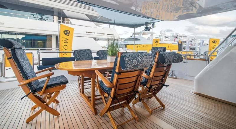 a boat with a statue of a turtle on it aboard SHALIMAR Yacht for Sale