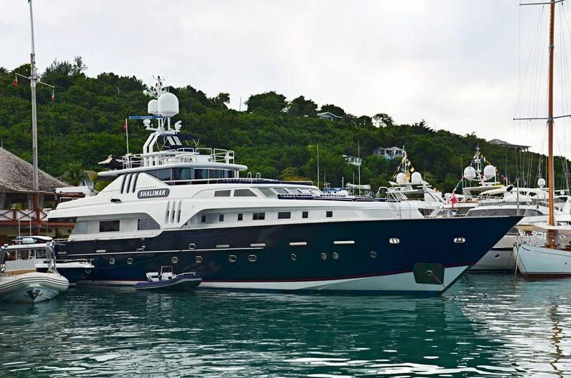 a large boat in the water aboard SHALIMAR Yacht for Sale