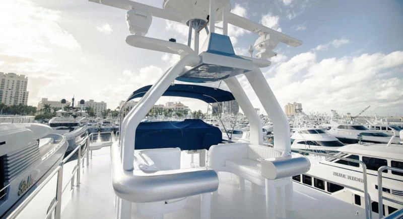 a white boat with a fan aboard SHALIMAR Yacht for Sale