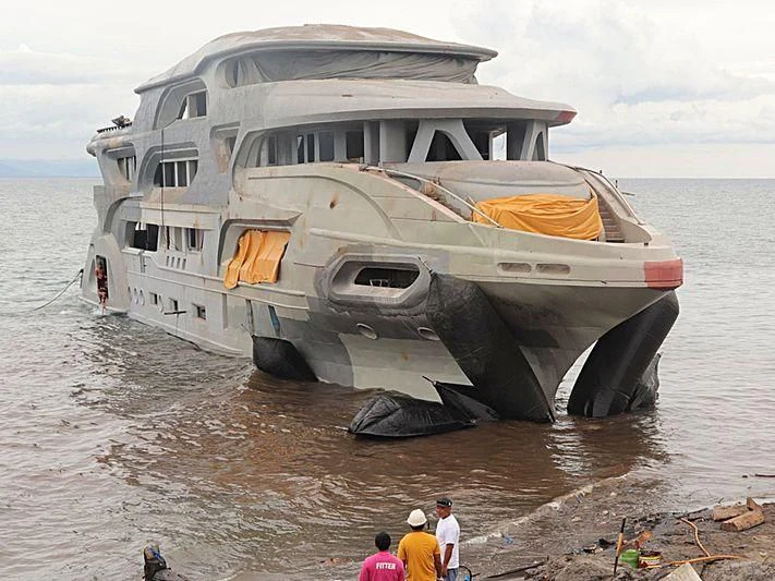 a large military vehicle in a muddy water way aboard MY QUEEN 888 Yacht for Sale
