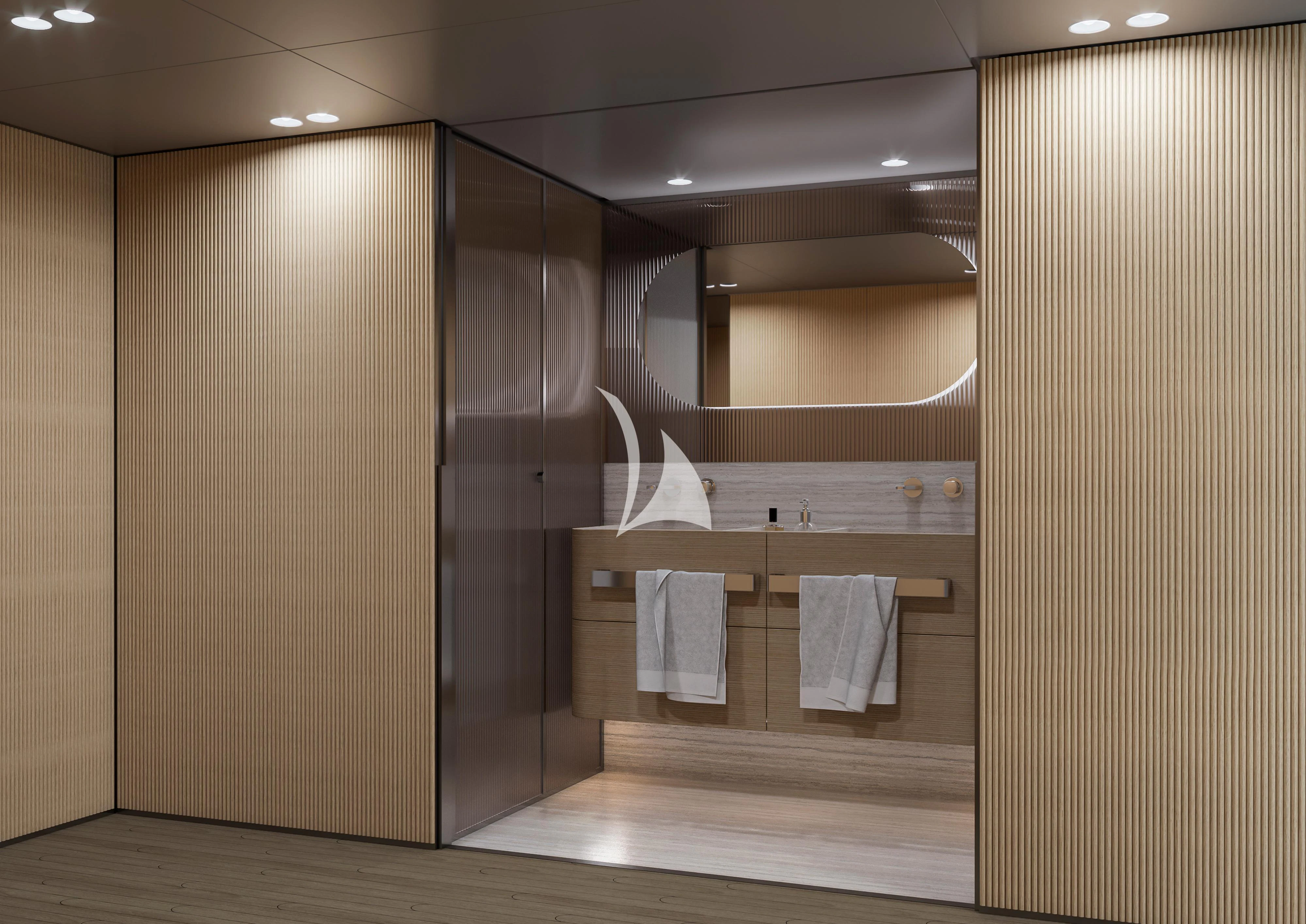 a bathroom with a large mirror aboard MALKIA Yacht for Sale
