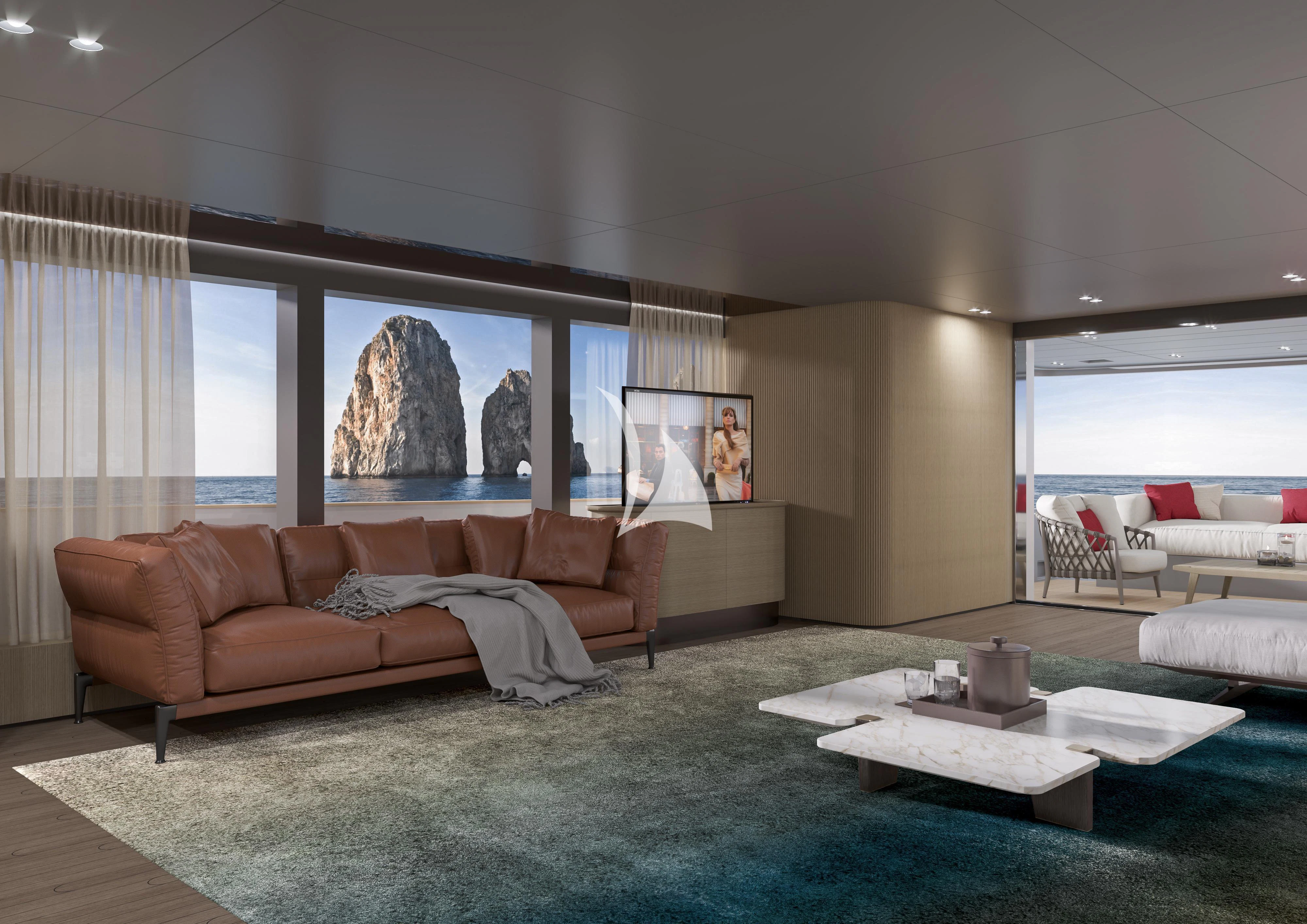 a living room with a large window aboard MALKIA Yacht for Sale