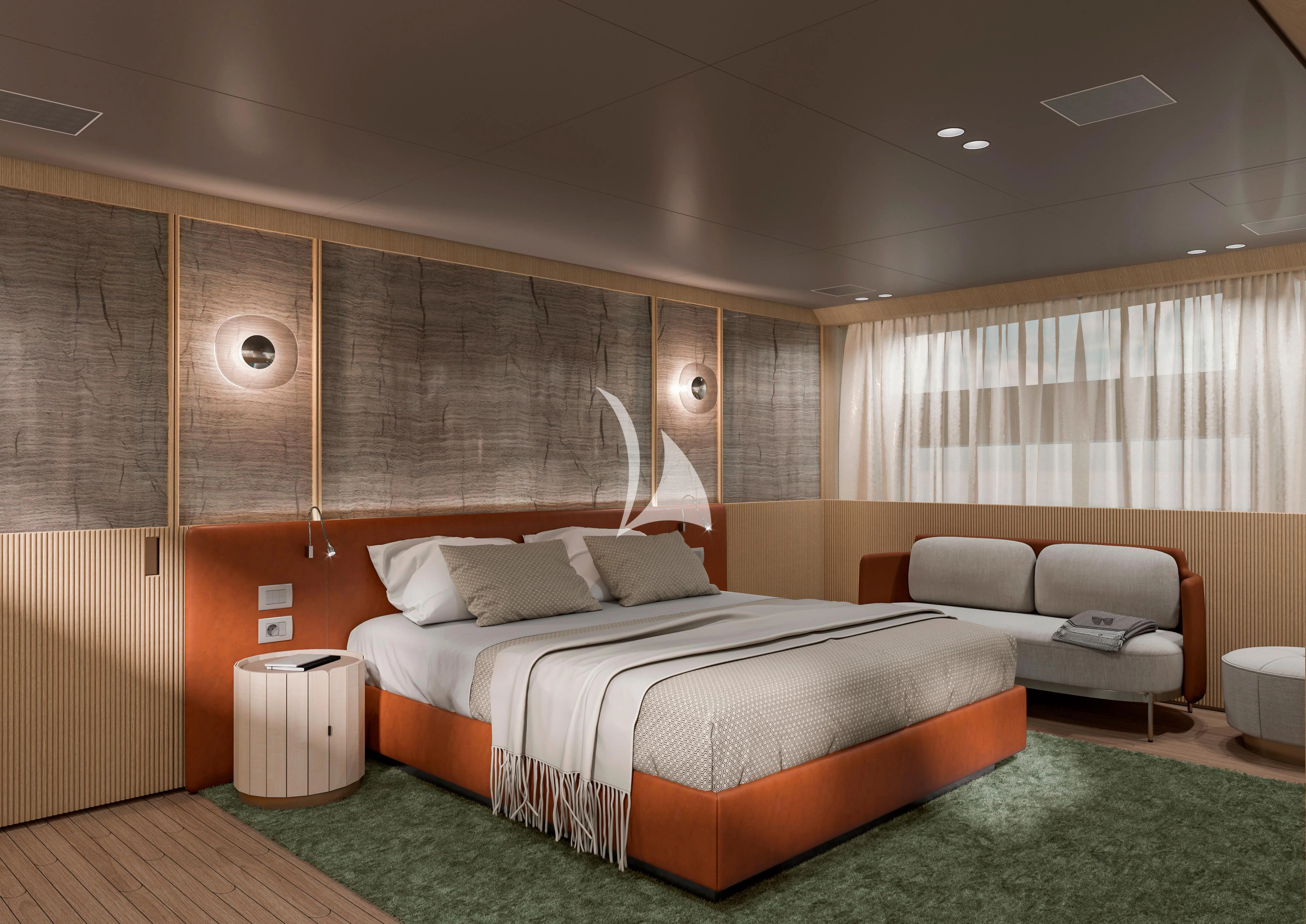 a bed in a room aboard MALKIA Yacht for Sale