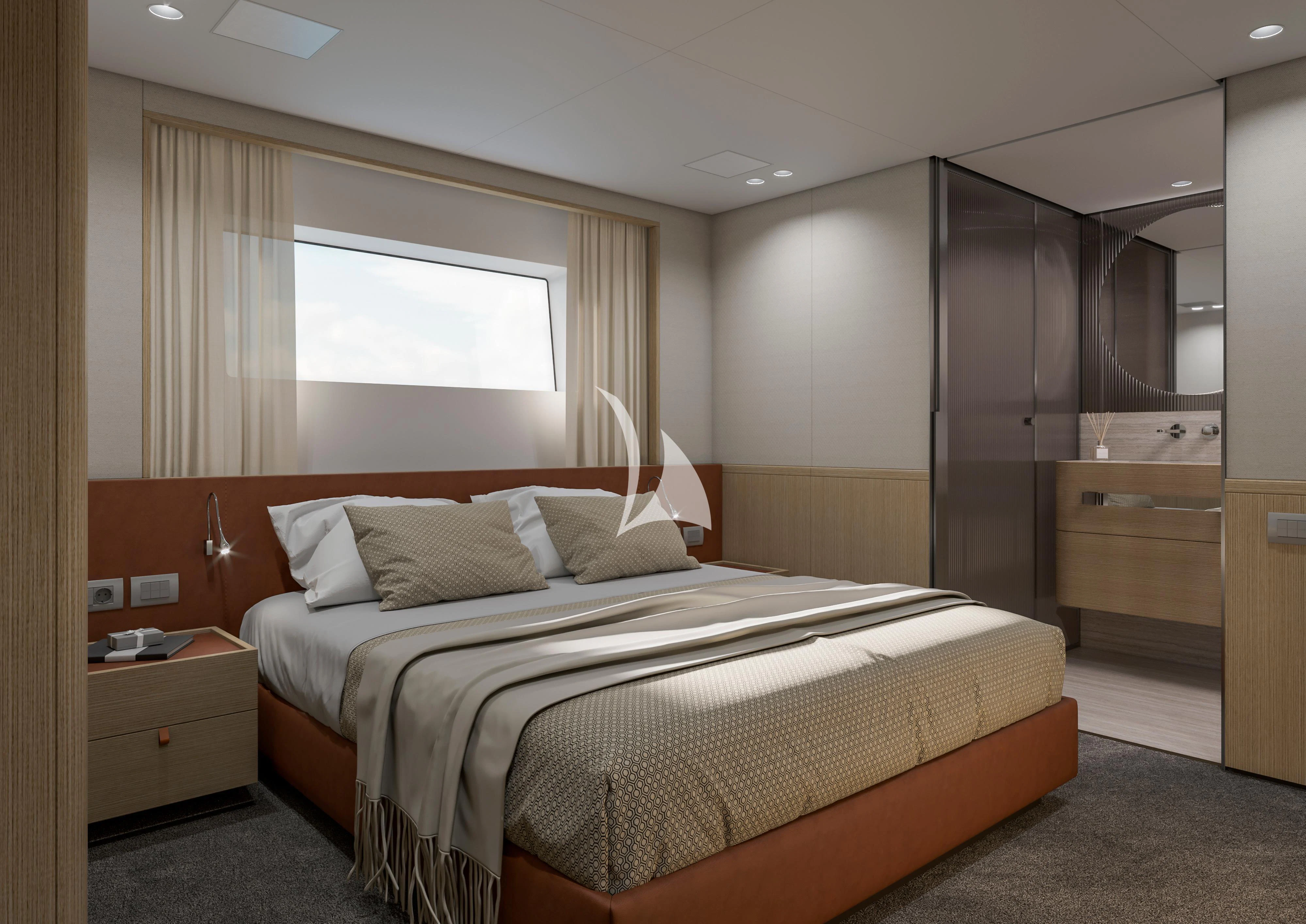 a bed in a room aboard MALKIA Yacht for Sale
