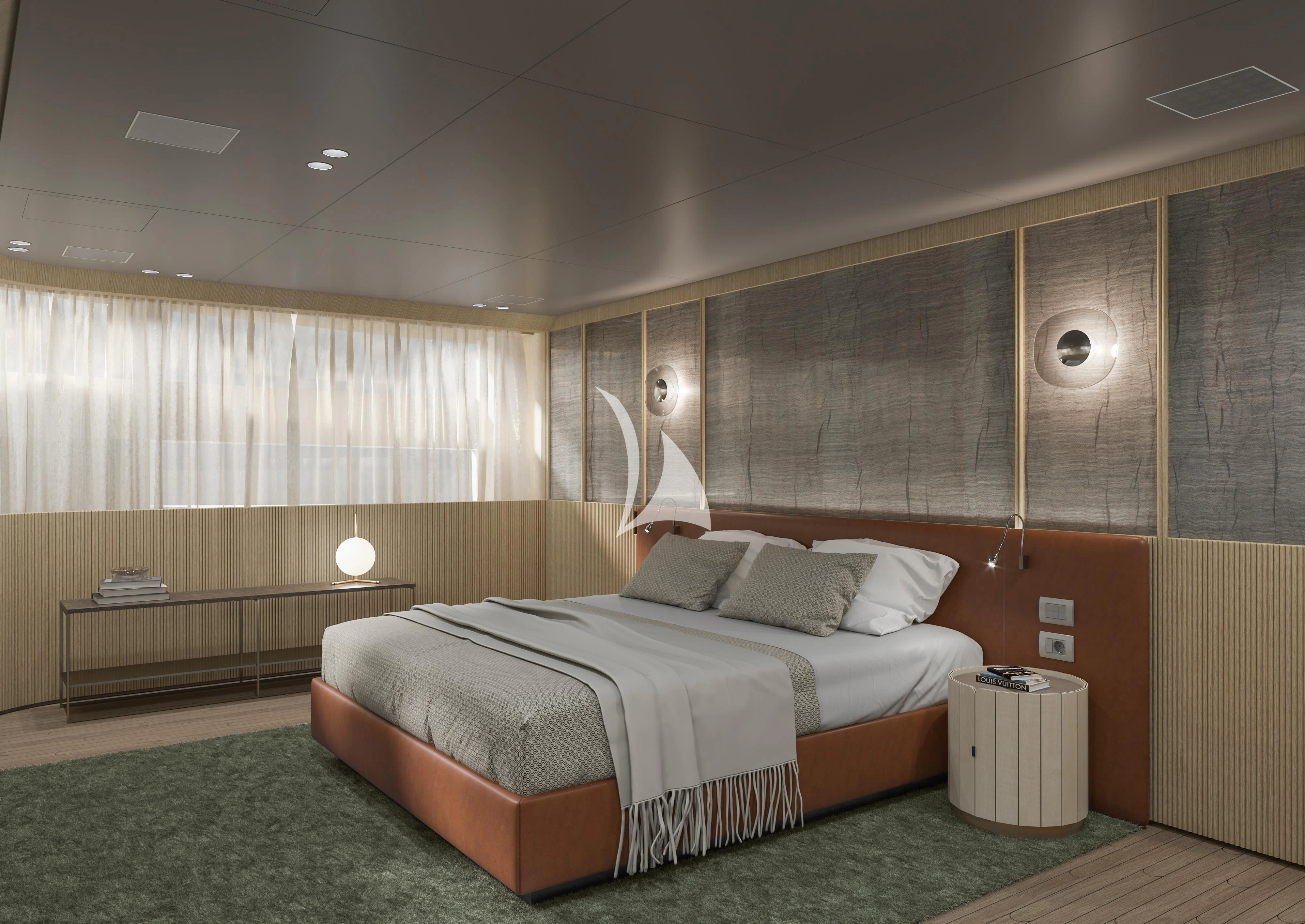 a room with a bed and a window aboard MALKIA Yacht for Sale