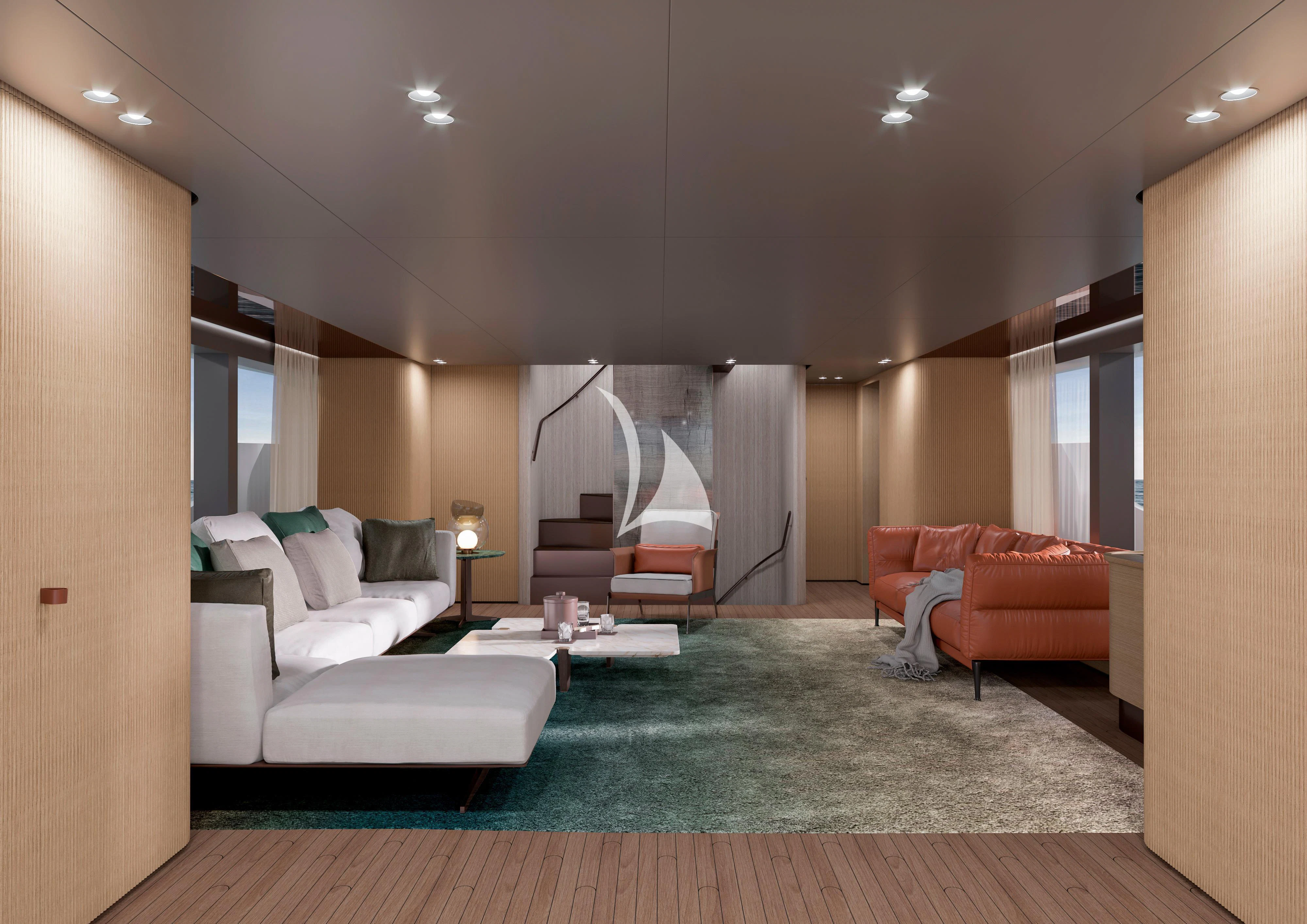 a living room with a couch and a large mirror aboard MALKIA Yacht for Sale