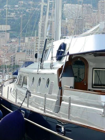 a boat in a harbor aboard PAZ Yacht for Sale