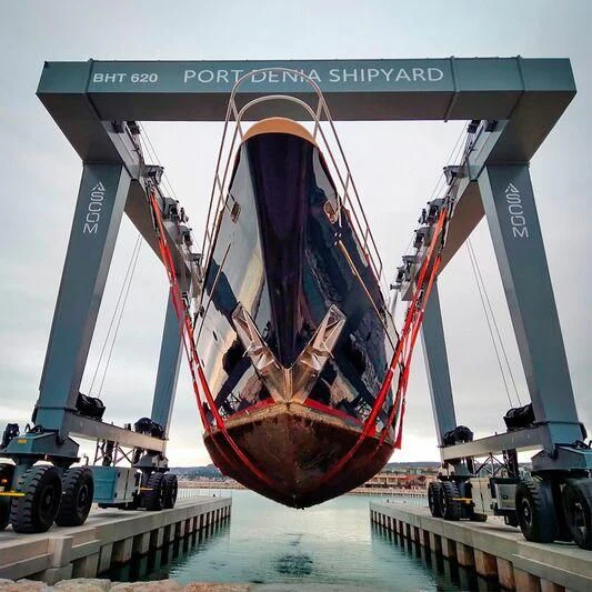 a large red and blue ship aboard PAZ Yacht for Sale