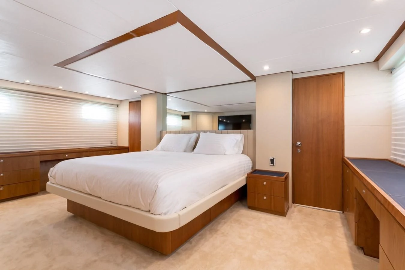 a room with a bed and a wood ceiling aboard DESLIZE Yacht for Sale