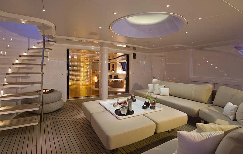 a modern looking living room aboard PANTHALASSA Yacht for Sale