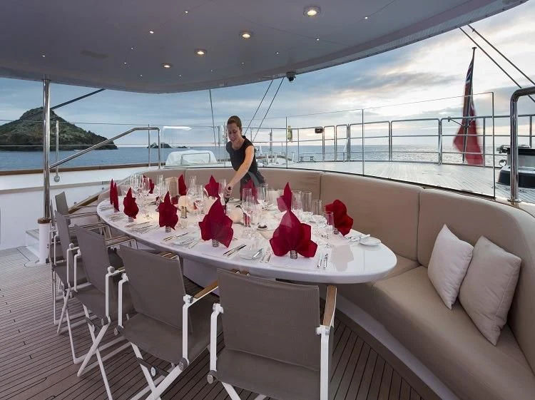a person sitting at a table on a deck with a view of the water and a large ship aboard PANTHALASSA Yacht for Sale