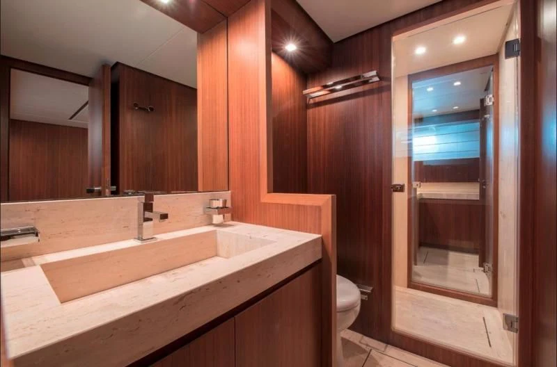 a bathroom with a large mirror aboard MARIS STELLA Yacht for Sale
