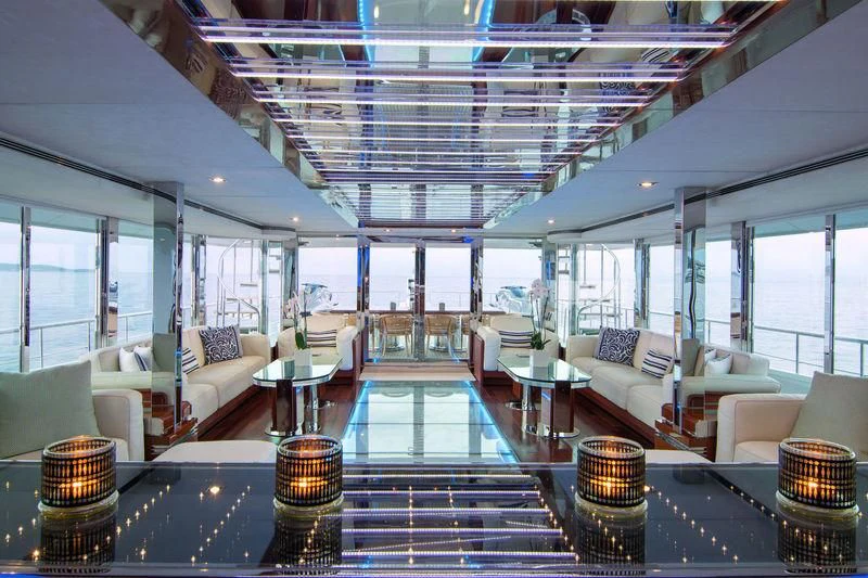 a room with a table chairs and a large window aboard O'NATALINA Yacht for Sale