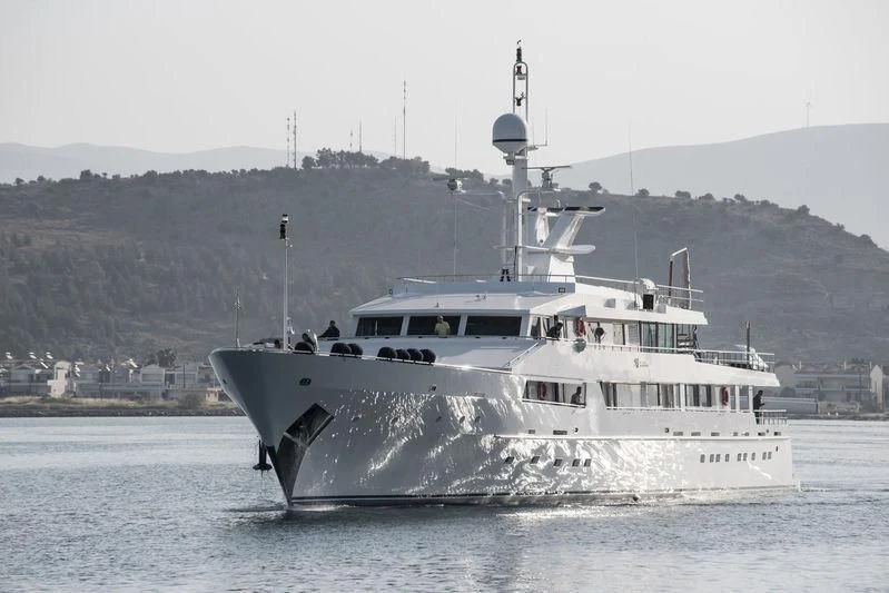a large white boat in the water aboard O'NATALINA Yacht for Sale
