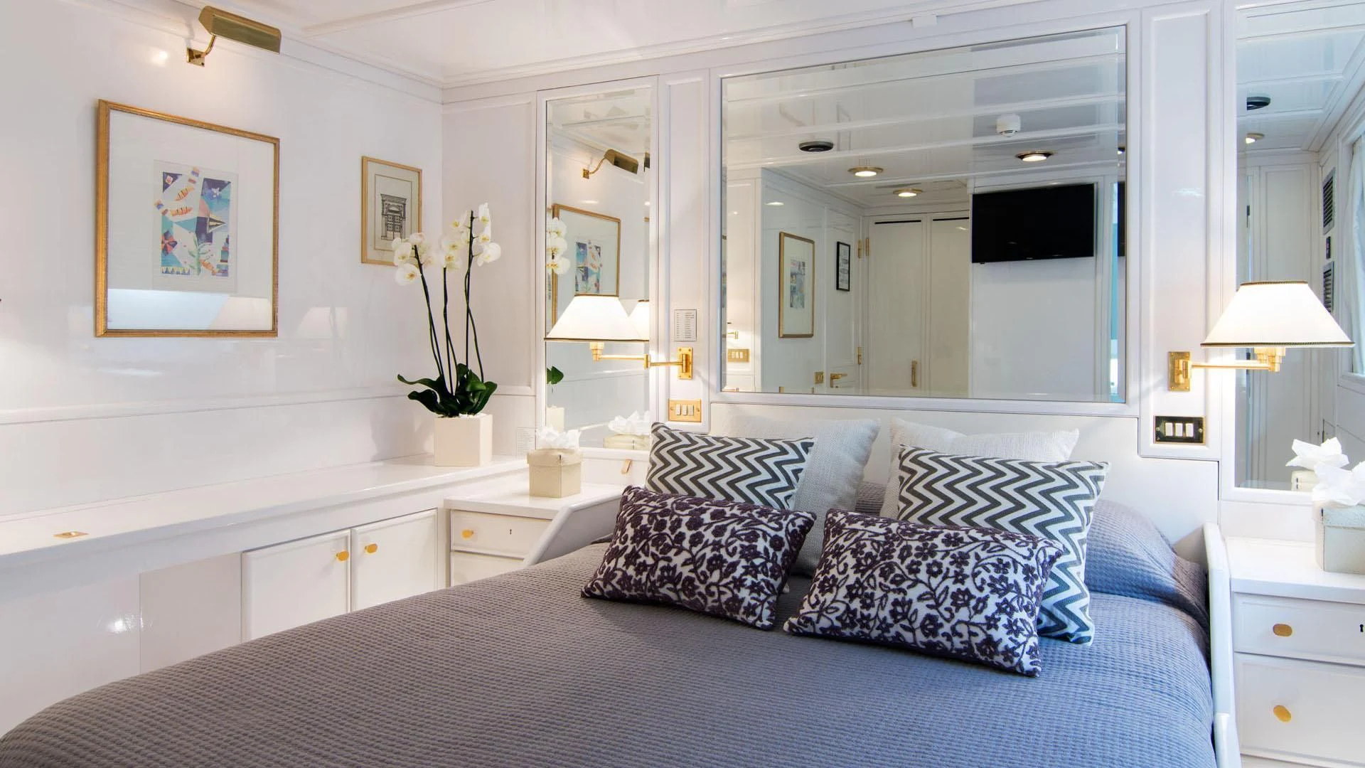a large bed with pillows aboard O'NATALINA Yacht for Sale