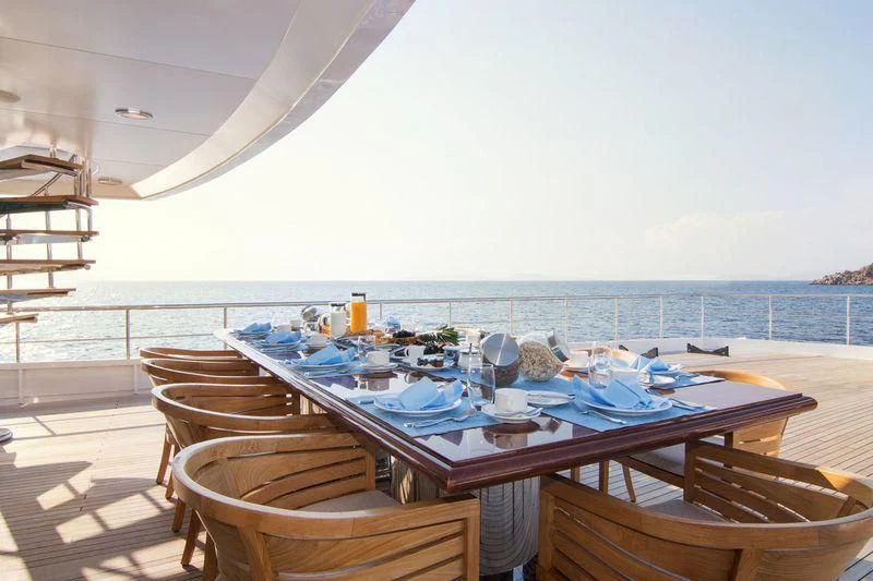 a table set for a meal on a boat aboard O'NATALINA Yacht for Sale
