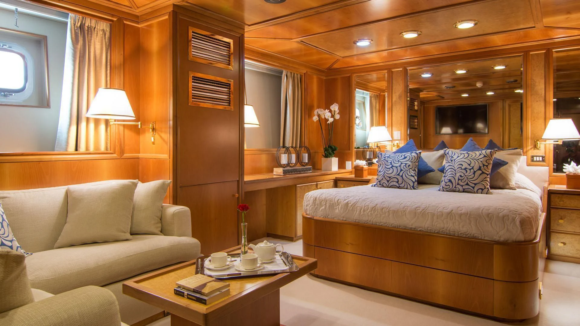 a bed in a room aboard O'NATALINA Yacht for Sale