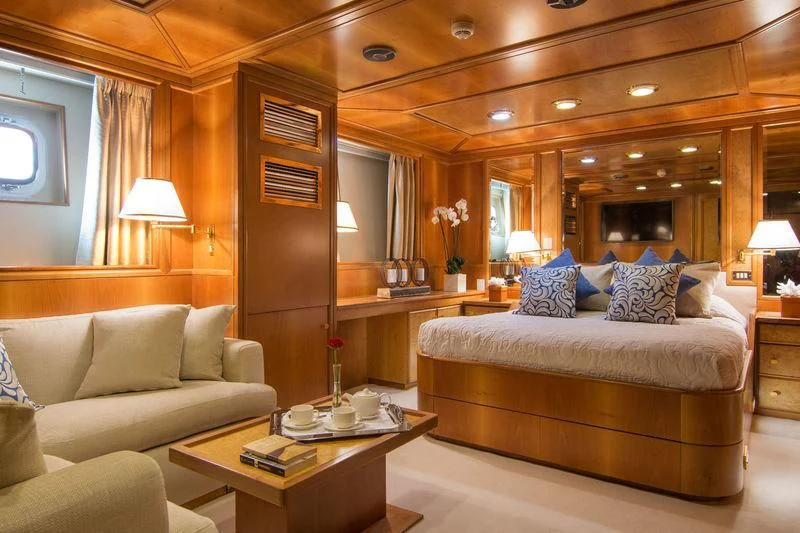 a bed in a room aboard O'NATALINA Yacht for Sale