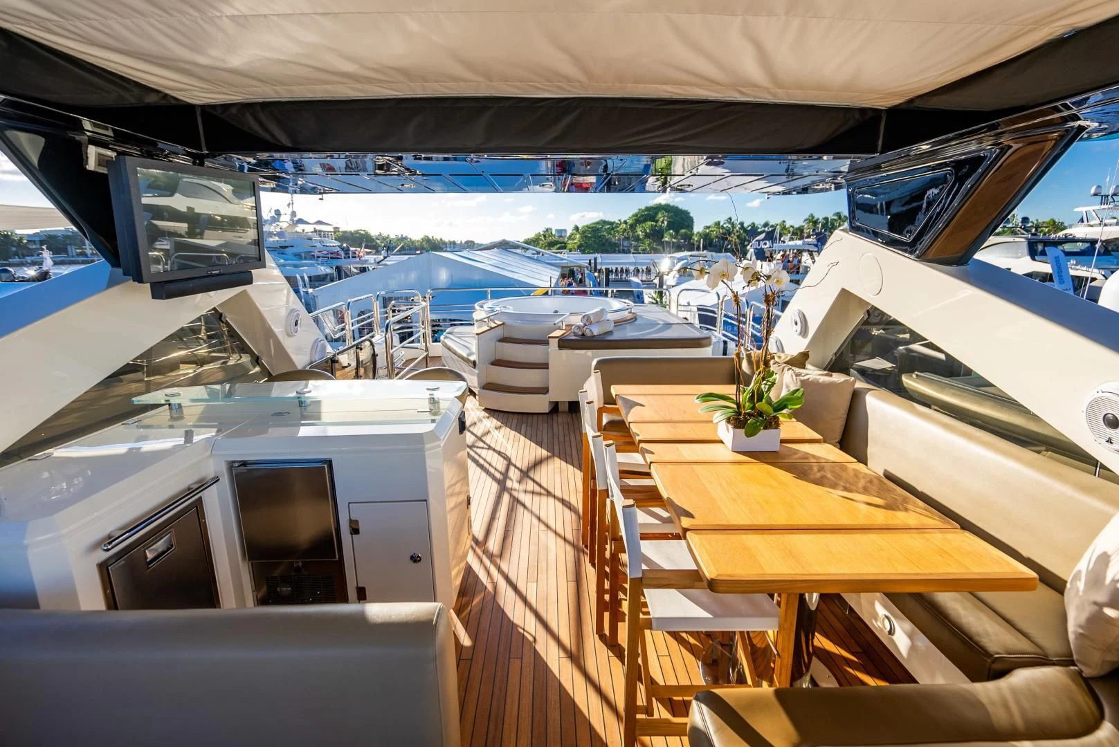 a room with a view of the water and the land aboard THE KING Yacht for Sale