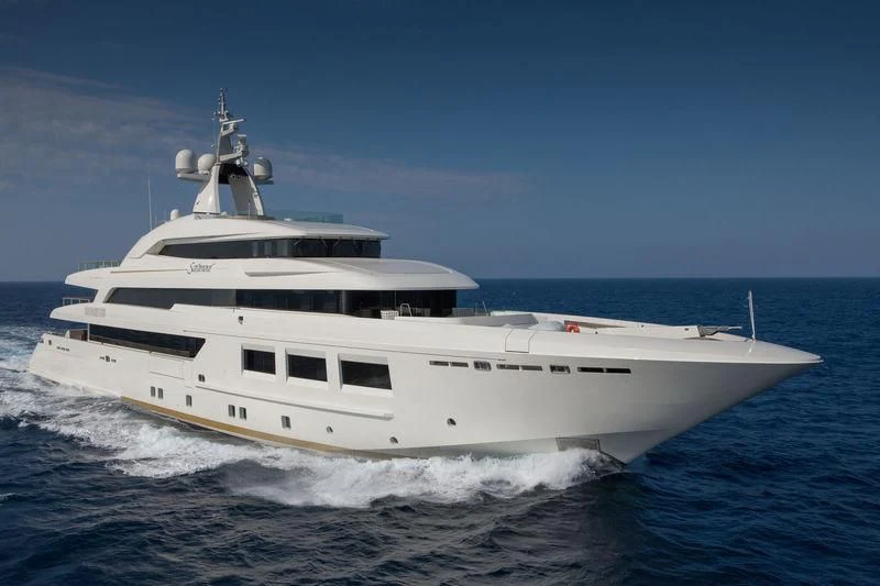a white yacht on the water aboard SARAMOUR Yacht for Sale