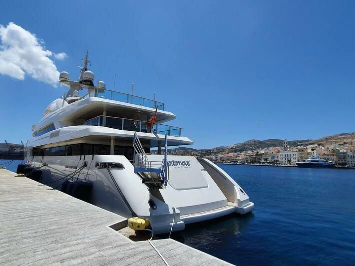 a boat docked at a pier aboard SARAMOUR Yacht for Sale