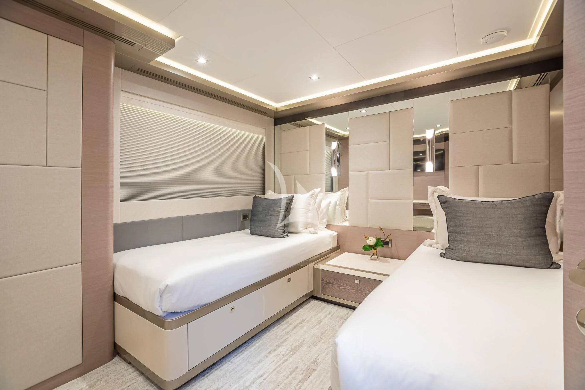 a room with two beds aboard BOA VIDA Yacht for Sale