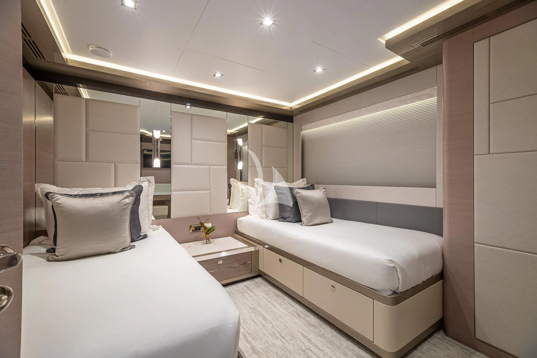 a room with two beds aboard BOA VIDA Yacht for Sale