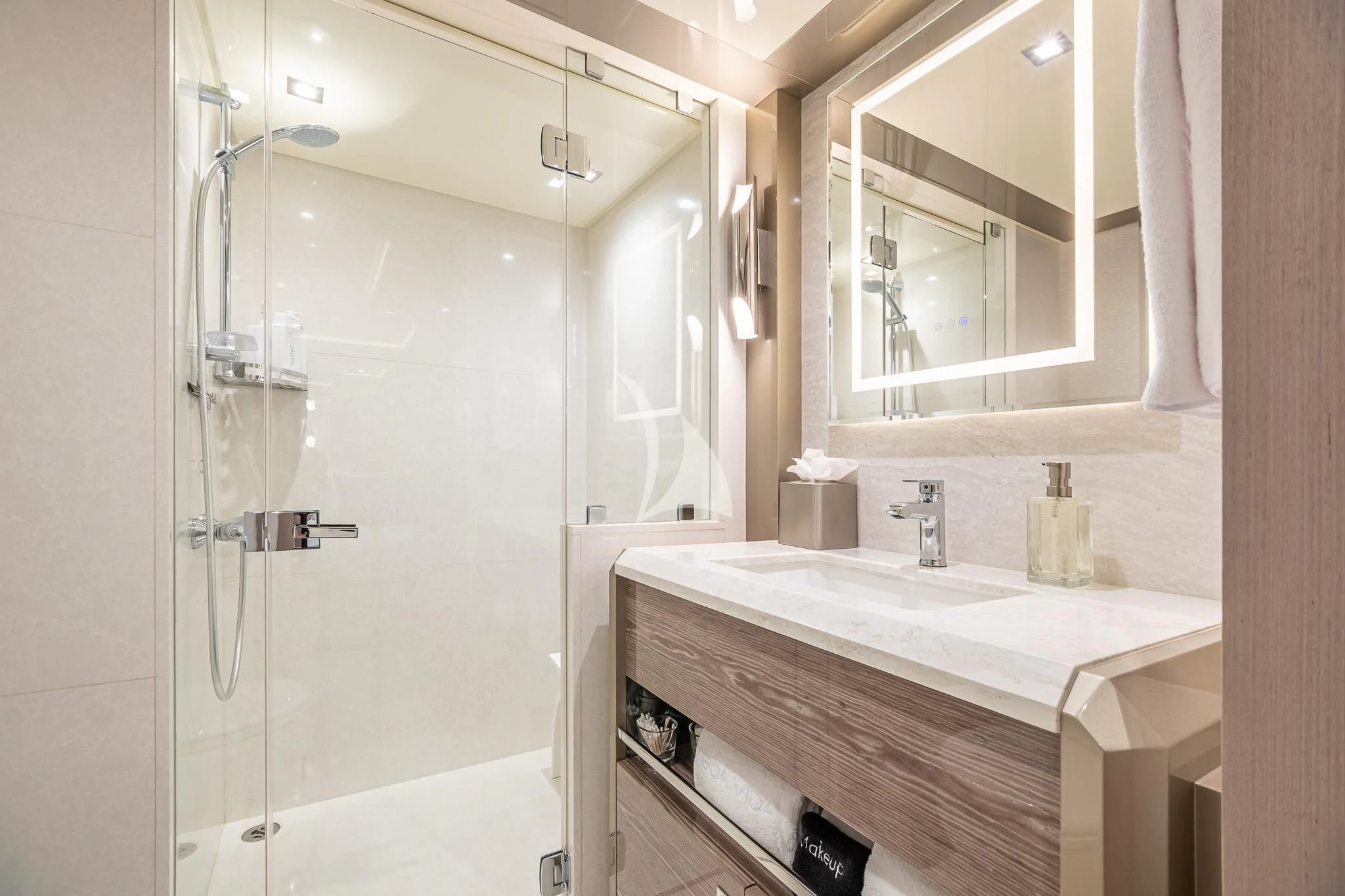 a bathroom with a shower unit aboard BOA VIDA Yacht for Sale