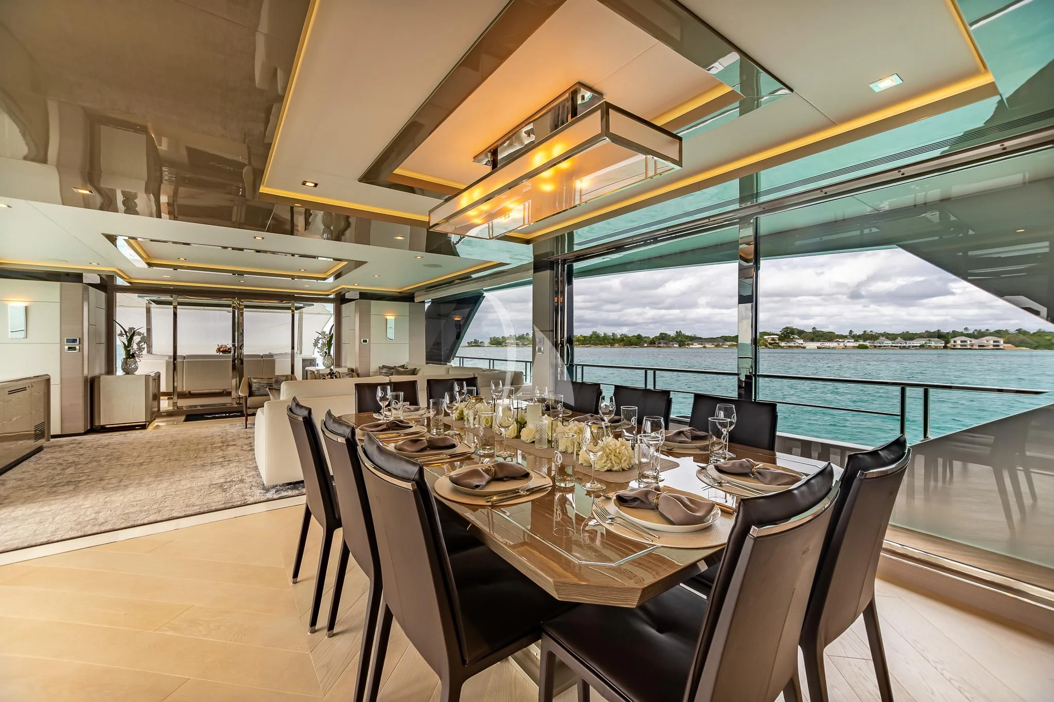 a dining table on a boat aboard BOA VIDA Yacht for Sale