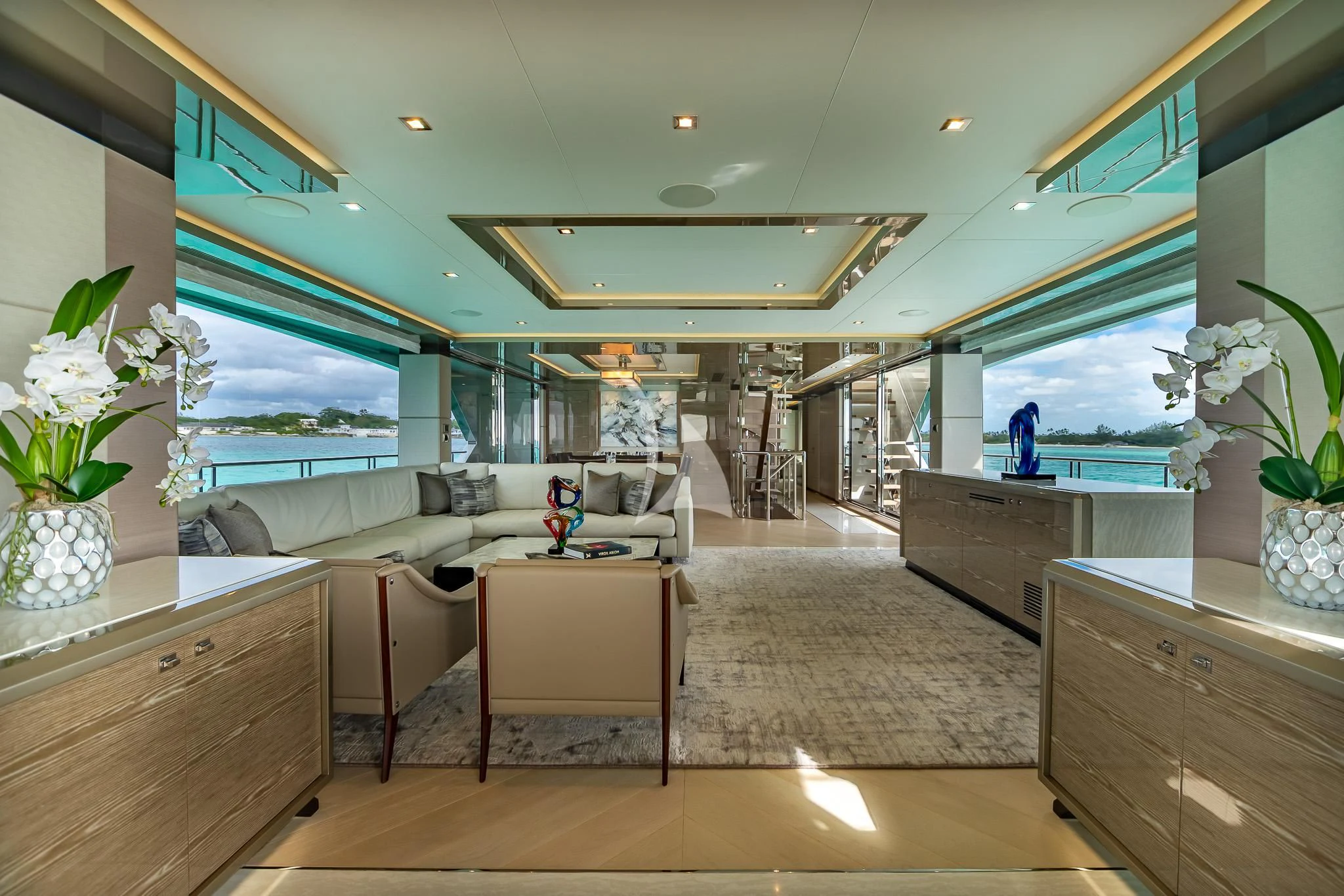 a large kitchen with a large window aboard BOA VIDA Yacht for Sale