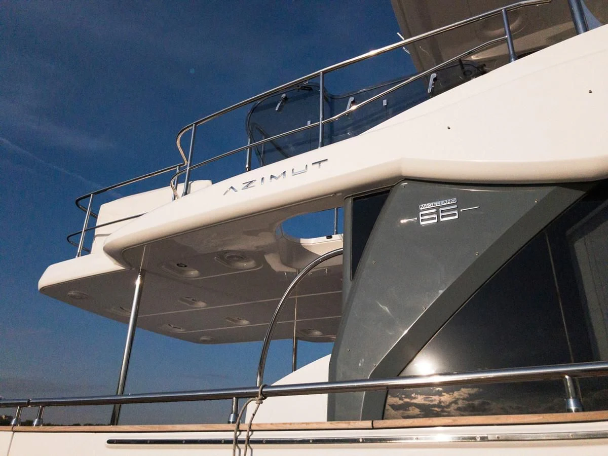 a close-up of a white satellite dish aboard MAGELLANO 66 Yacht for Sale